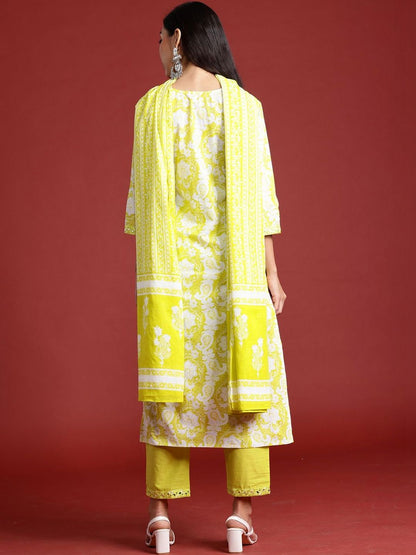 Women Ethnic Motifs Printed Regular Mirror Work Pure Cotton Kurta with Trousers & With Dupatta