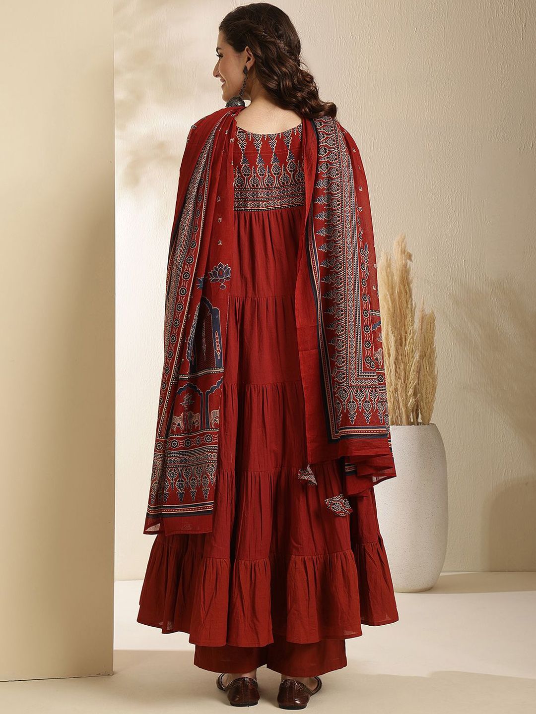 Dhiyona SN Women's Embroidered Pure Cotton Key Hole-Neck Anarkali Kurta With Trouser & Dupatta