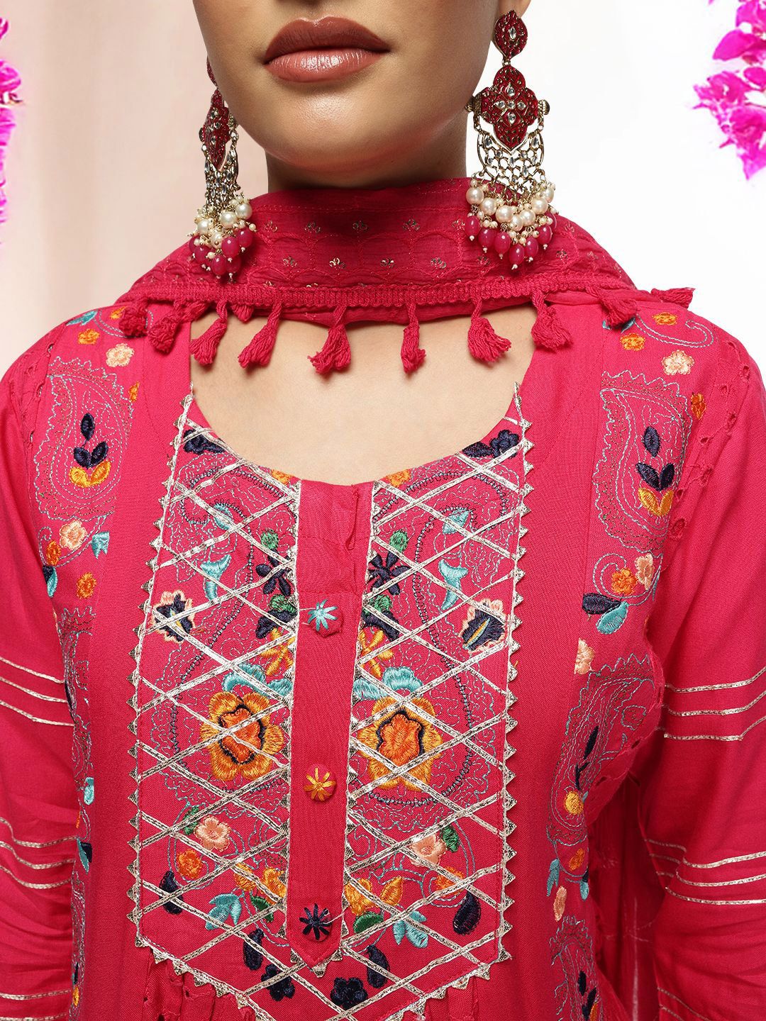 Dhiyona IS Women's Embroidered Thread Work Round Neck A-Line Kurta with Trousers & Dupatta