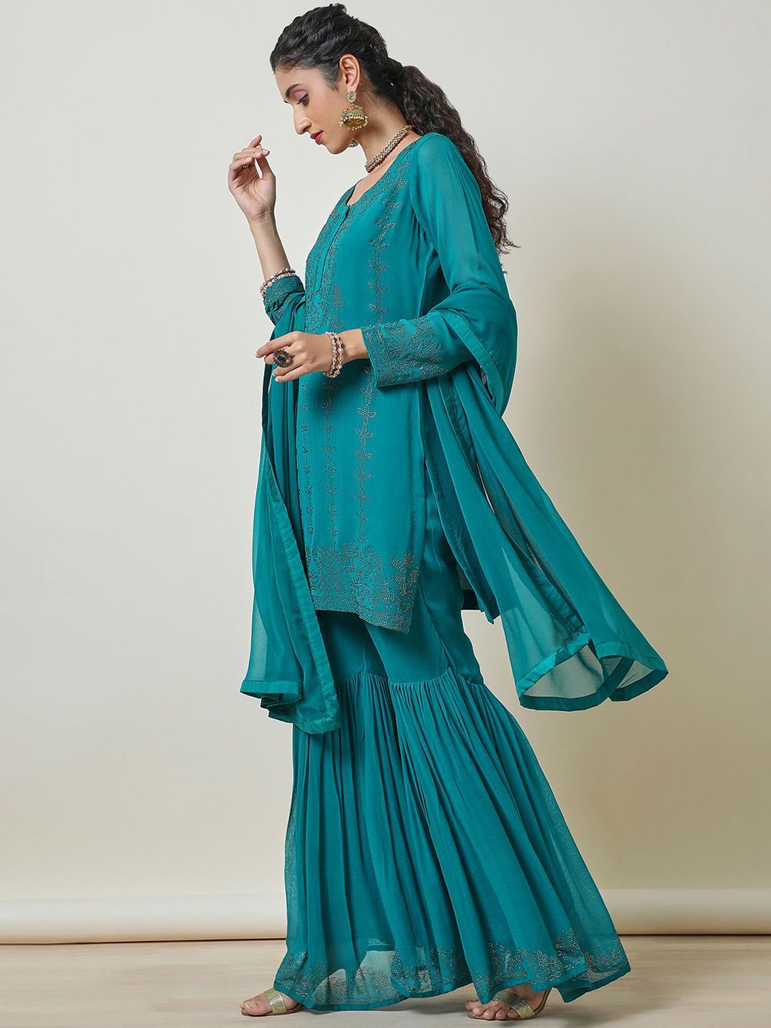 Dhiyona SO Women's Floral Embroidered Beads and Stones Straight Kurti with Sharara & Dupatta