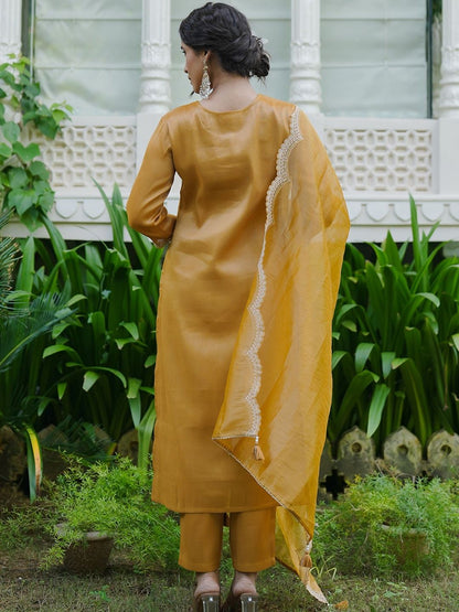 Ethnic Motifs Embroidered Straight Thread Work Kurta With Trouser & Dupatta