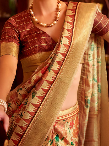 Women's Manipuri Silk Beige Printed Designer Saree With Blouse Piece