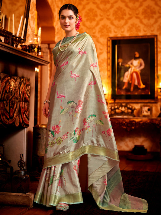 Women's Manipuri Silk Beige Printed Designer Saree With Blouse Piece