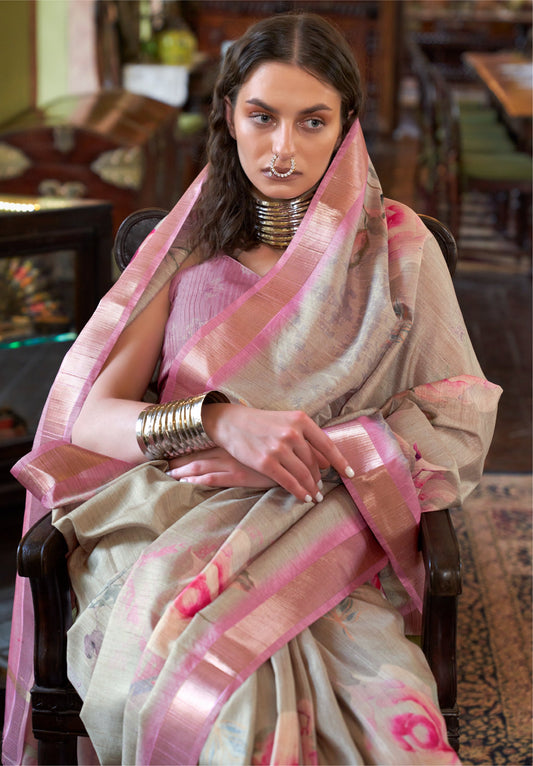 Dhiyona GR Women's Blessing Pink & Grey Banarasi Digital Soft Silk Saree