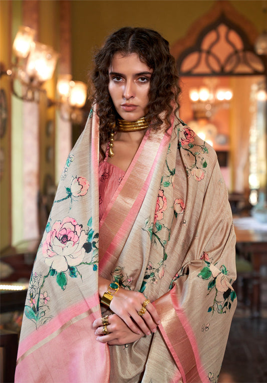 Dhiyona GR Women's Baby Pink & Grey Banarasi Digital Soft Silk Saree