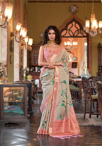 Dhiyona GR Women's Baby Pink & Grey Banarasi Digital Soft Silk Saree