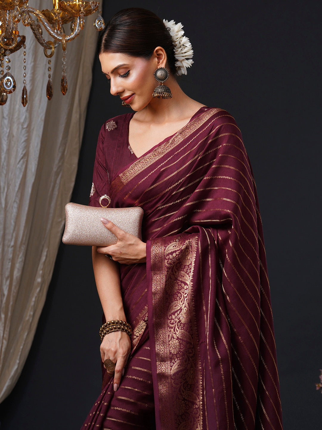 Women's Viscose Burgundy Woven Design Designer Saree With Blouse Piece