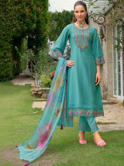 Women Floral Embroidered Regular Thread Work Kurta with Trousers & With Dupatta