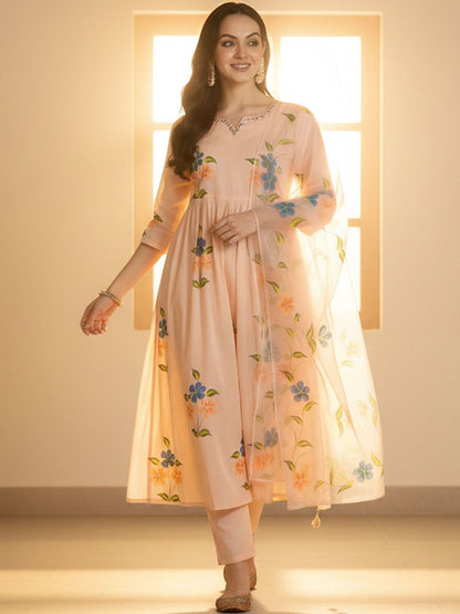 Floral Printed V-Neck Empire Pure Cotton A-Line Kurta With Trousers & Dupatta