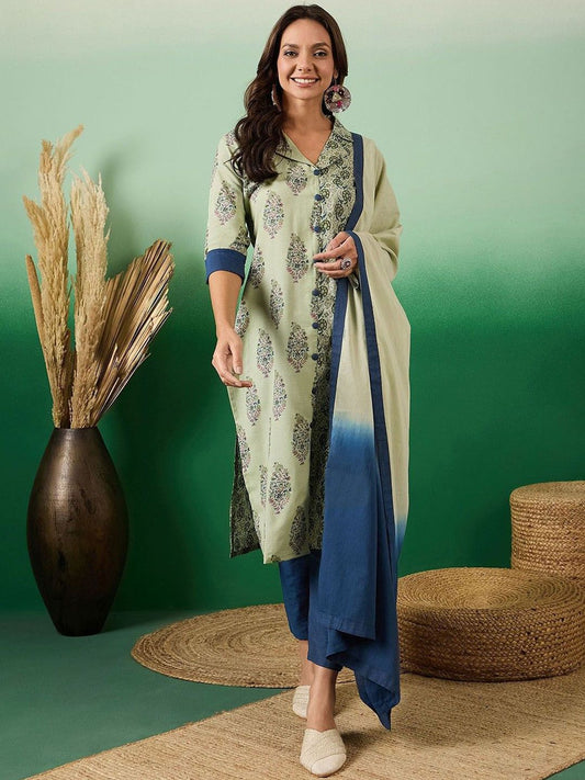 Dhiyona SN Women's Floral Printed Round Neck Straight Kurta With Trousers And Dupatta
