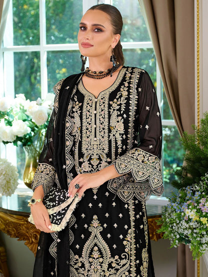 Ethnic Motifs Embroidered V-Neck Straight Kurta With Trousers & Dupatta