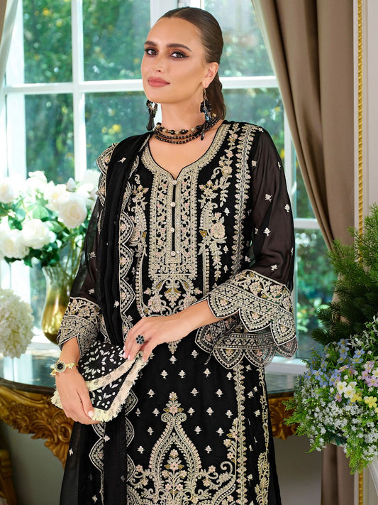 Ethnic Motifs Embroidered V-Neck Straight Kurta With Trousers & Dupatta