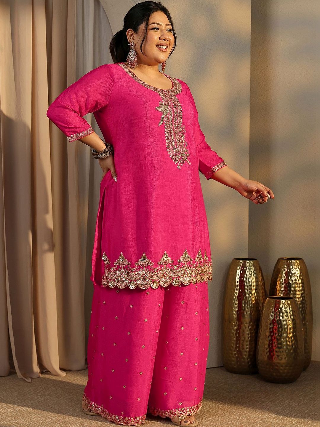 Dhiyona Women's Plus Size Ethnic Motifs Embroidered Kurta with Palazzo & Dupatta