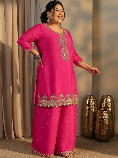 Dhiyona Women's Plus Size Ethnic Motifs Embroidered Kurta with Palazzo & Dupatta