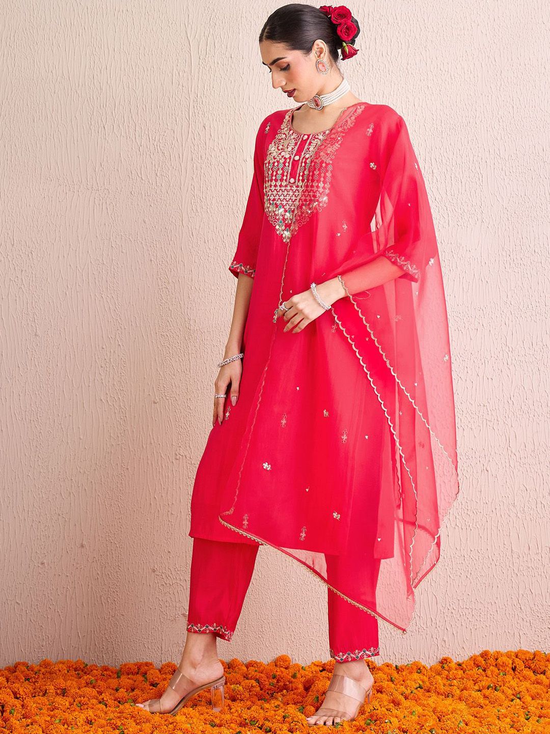 Women Embroidered Regular Sequinned Kurta with Trousers & With Dupatta
