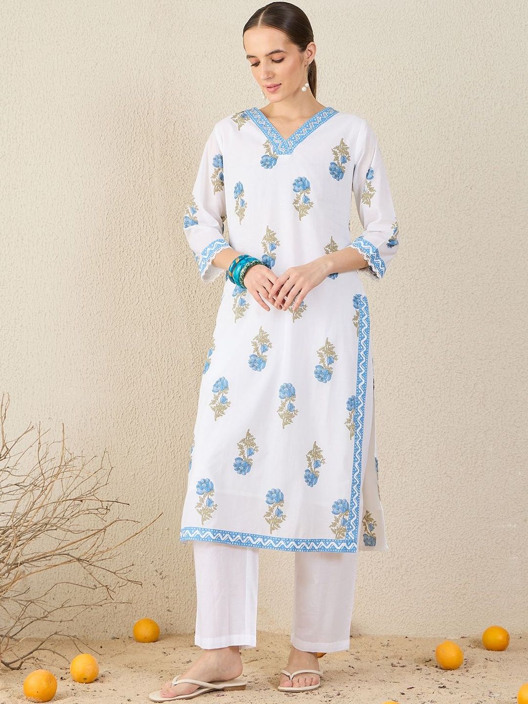 Dhiyona IE Floral Printed V-Neck Sequinned Pure Cotton Straight Kurta & Trouser With Dupatta