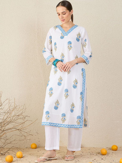 Floral Printed V-Neck Sequinned Pure Cotton Straight Kurta & Trouser With Dupatta