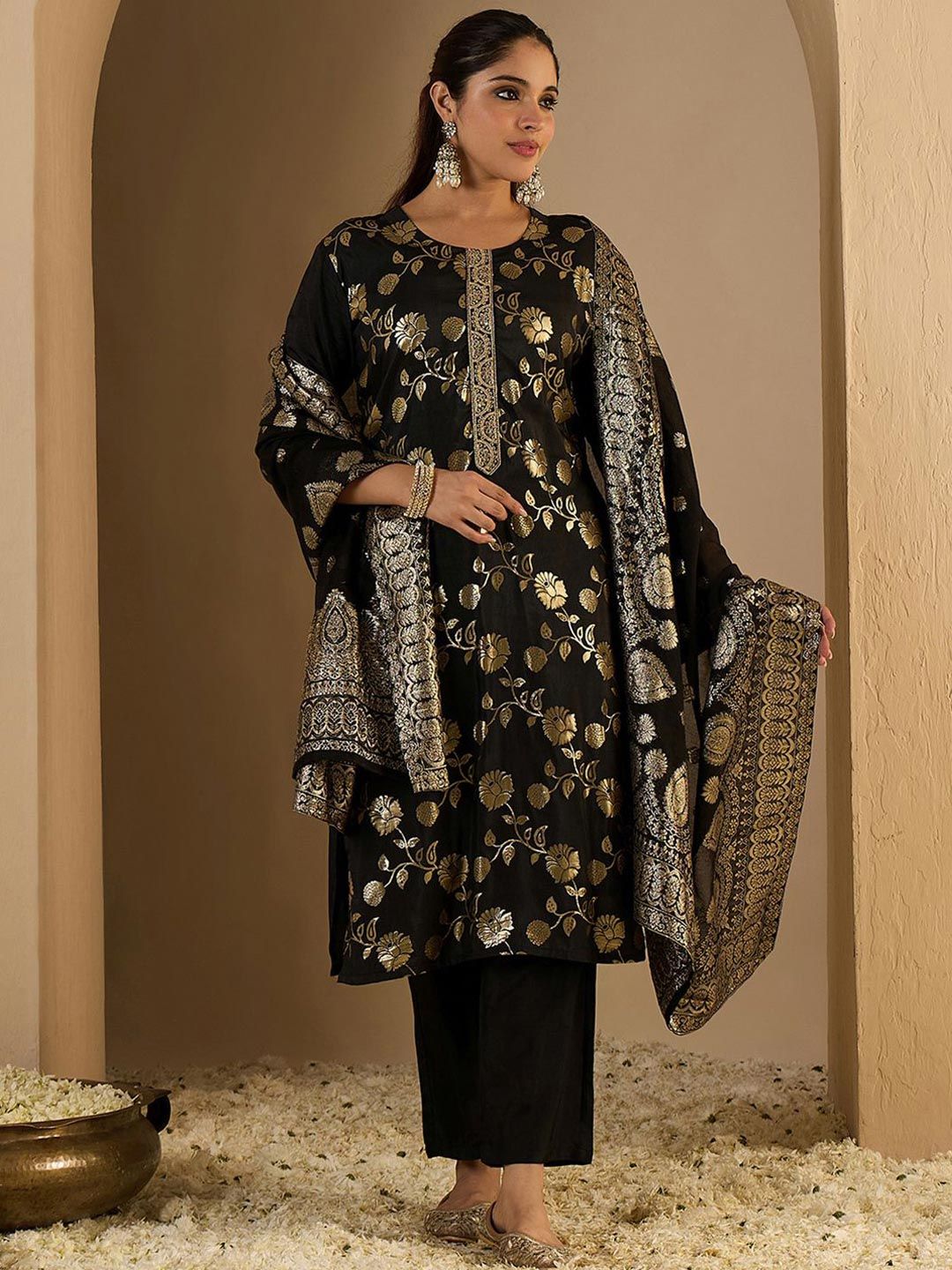 Floral Woven Design Straight Kurta With Trousers & Dupatta