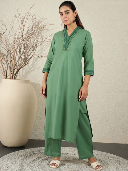 Ethnic Motifs Embroidered Thread Work Pure Cotton Kurta With Trousers