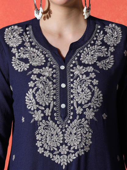 Dhiyona SN Women's Floral Embroidered Mandarin Collar A-Line Kurta With Trousers & Dupatta
