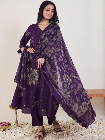 Floral Printed A-Line Pure Cotton Kurta With Trousers & Dupatta