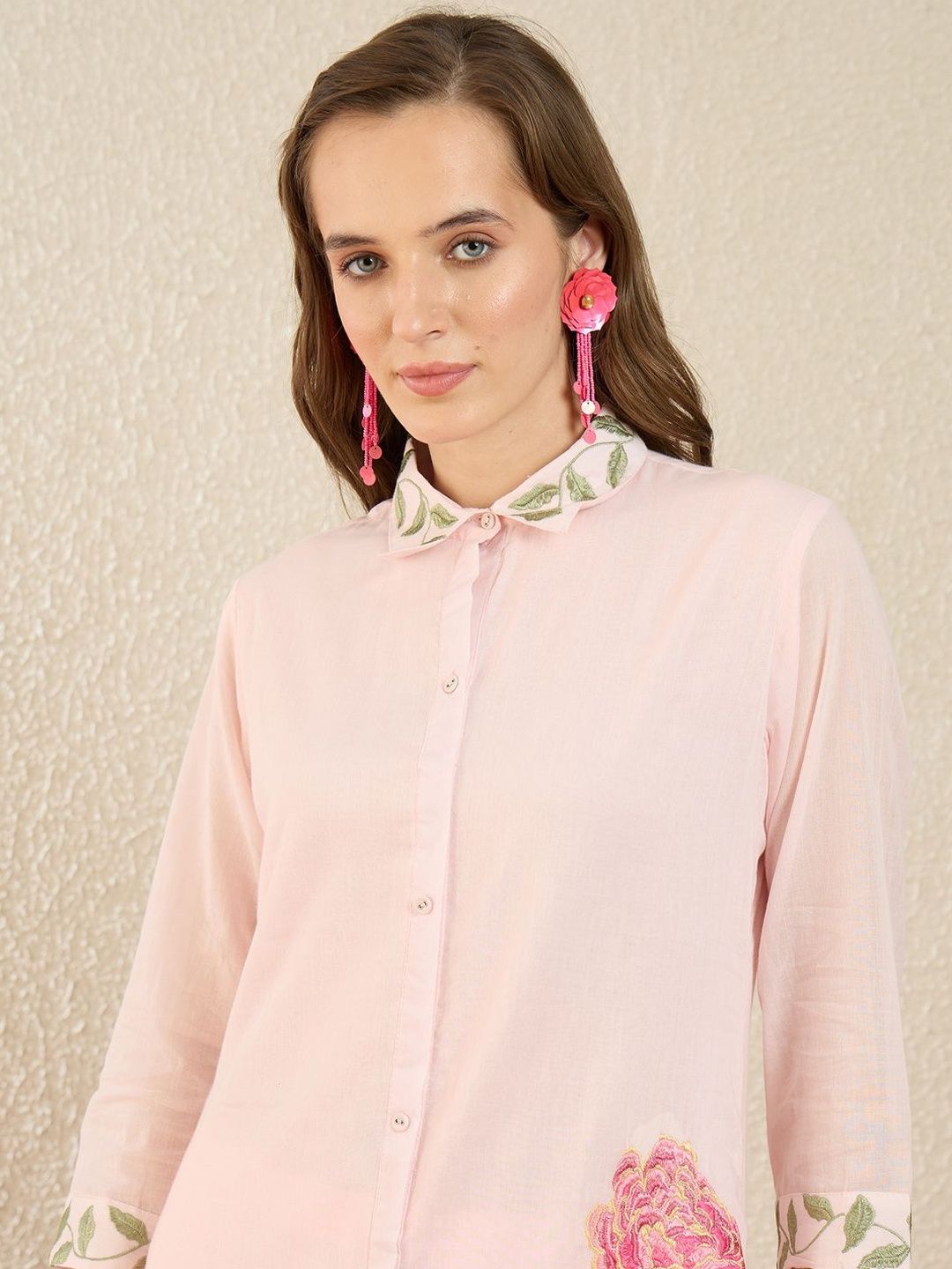 Dhiyona IE Printed Shirt Collar Three-Quarter Sleeves Pure Cotton Top With Trousers