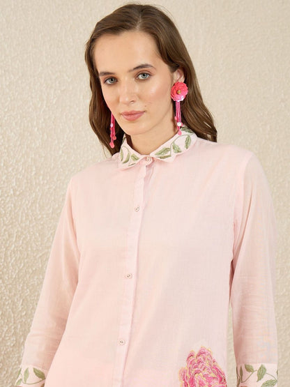 Dhiyona IE Printed Shirt Collar Three-Quarter Sleeves Pure Cotton Top With Trousers