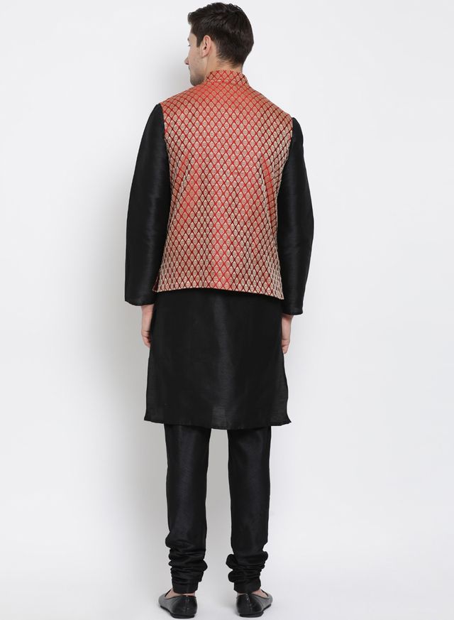 Men's Black Silk Blend Straight Jacket  Kurta and Pyjama Set