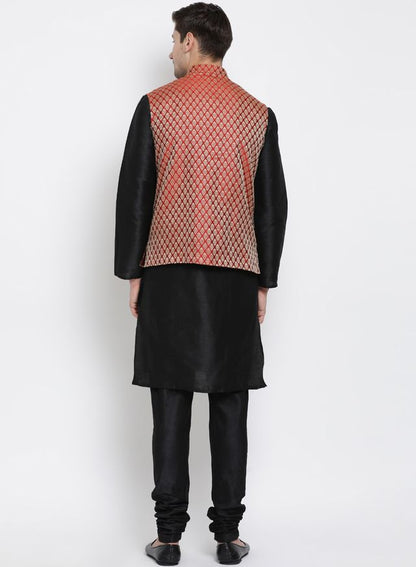 Men's Black Silk Blend Straight Jacket  Kurta and Pyjama Set