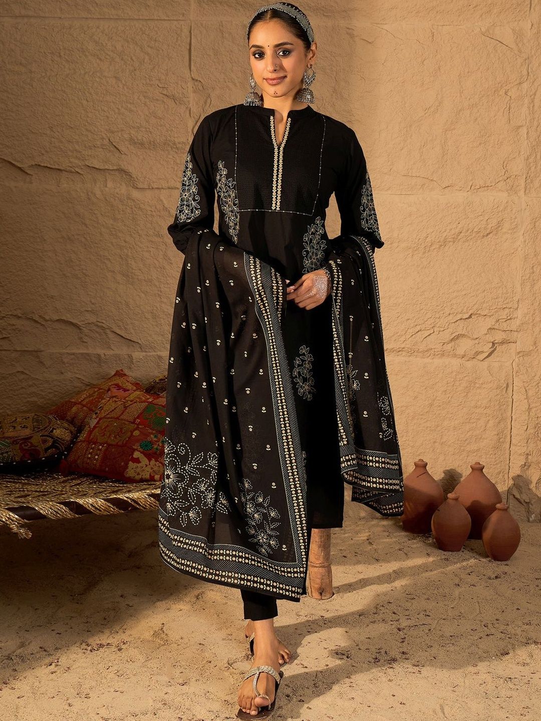 Dhiyona IE Women Ethnic Motifs Embroidered Cotton Kurta with Trousers & Dupatta