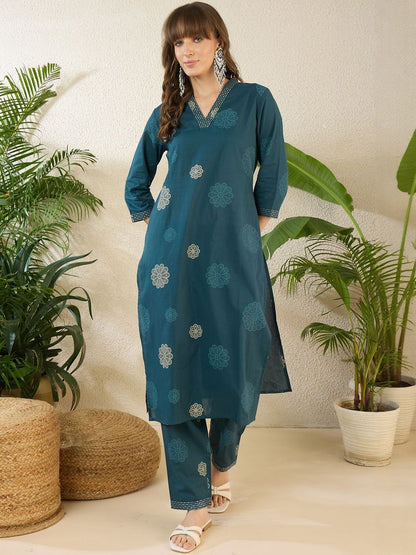 Dhiyona IE Printed V-Neck Three-Quarter Sleeves Pure Cotton Top With Trousers