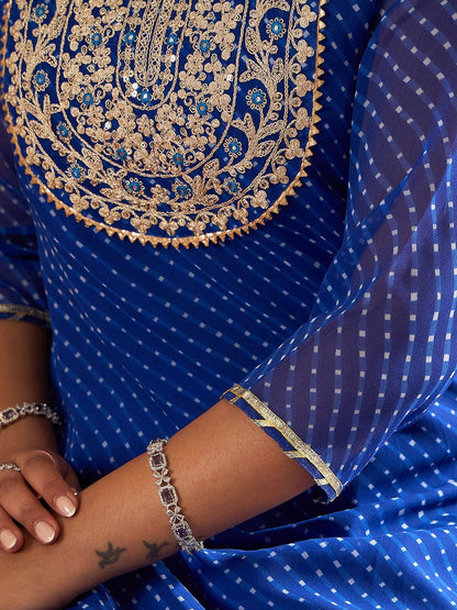 Leheriya Printed Thread Work Round Neck Georgette Kurta With Trousers & Dupatta