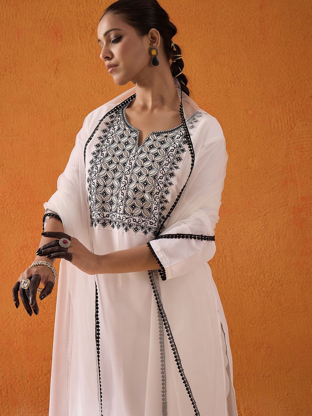 White Floral Embroidered Straight Kurta with Trousers & Dupatta