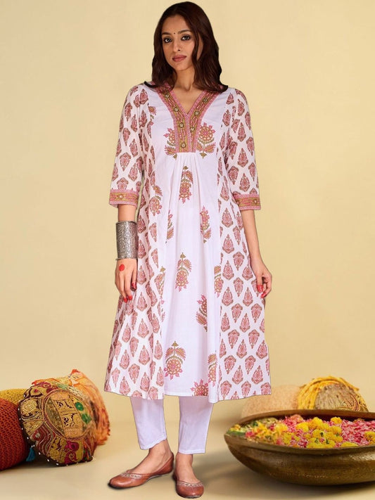 Women Ethnic Motifs Printed Tiered Pure Cotton Kurta with Trousers