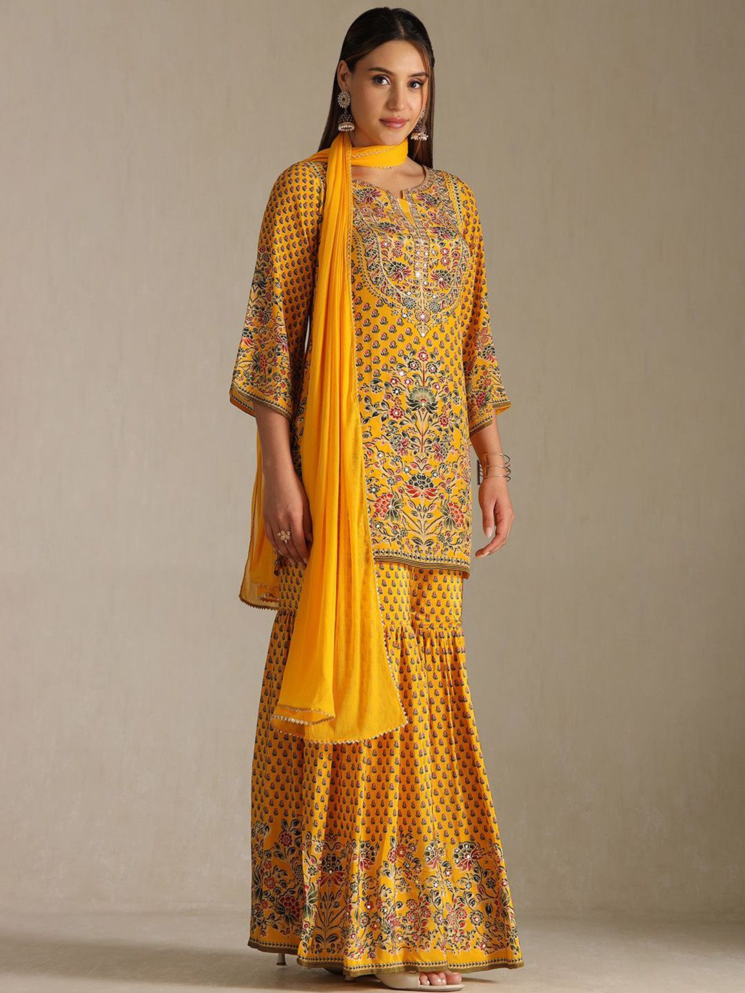 Dhiyona SO Women's Floral Printed Mirror Work Straight Kurta With Sharara And Dupatta