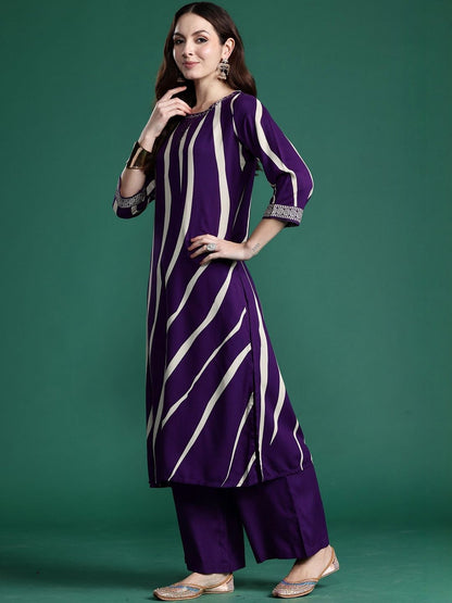 Printed Round Neck Straight Beads And Stones Kurta With Palazzos
