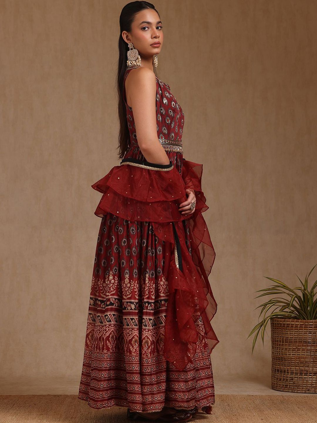 Dhiyona SO Women's Floral Printed Mirror Work Chinon Anarkali Kurta With Churidar & Dupatta