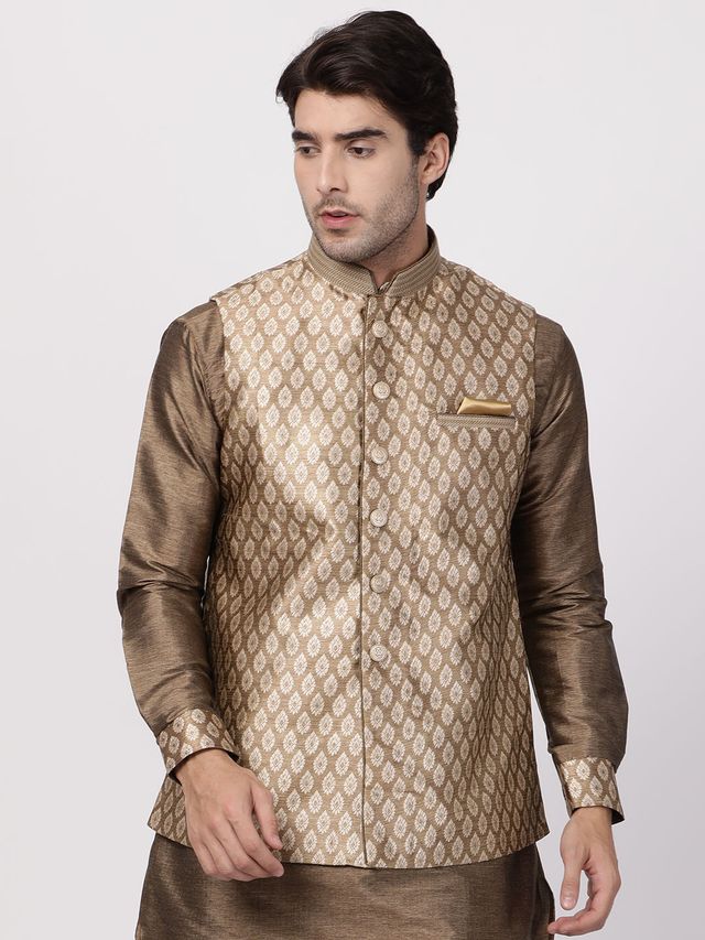 Men's Gold Silk Blend Straight Nehru Jacket