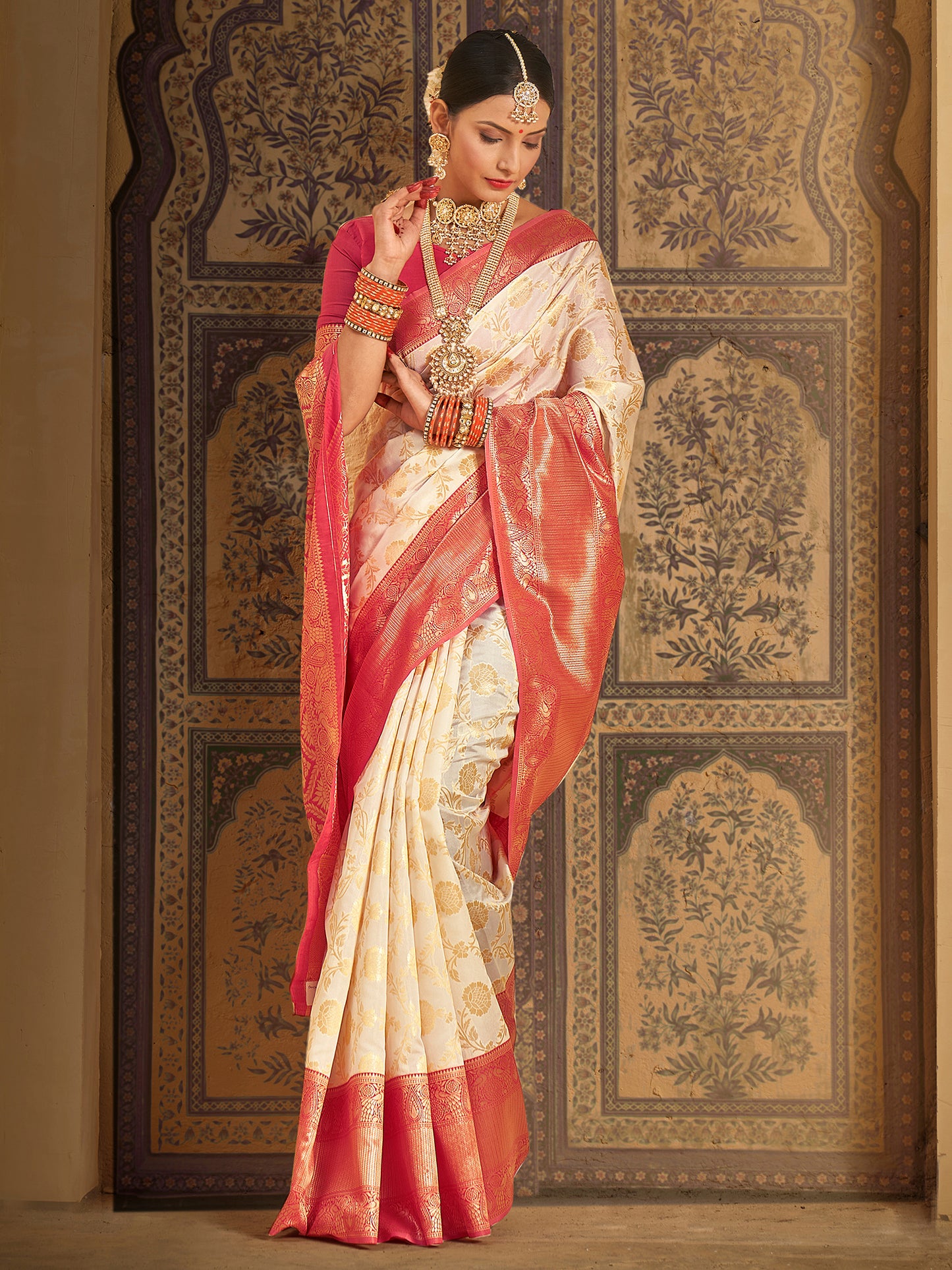 Women's Silk Blend Cream Woven Design Designer Saree With Blouse Piece