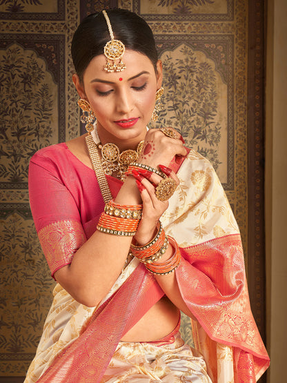 Women's Silk Blend Cream Woven Design Designer Saree With Blouse Piece