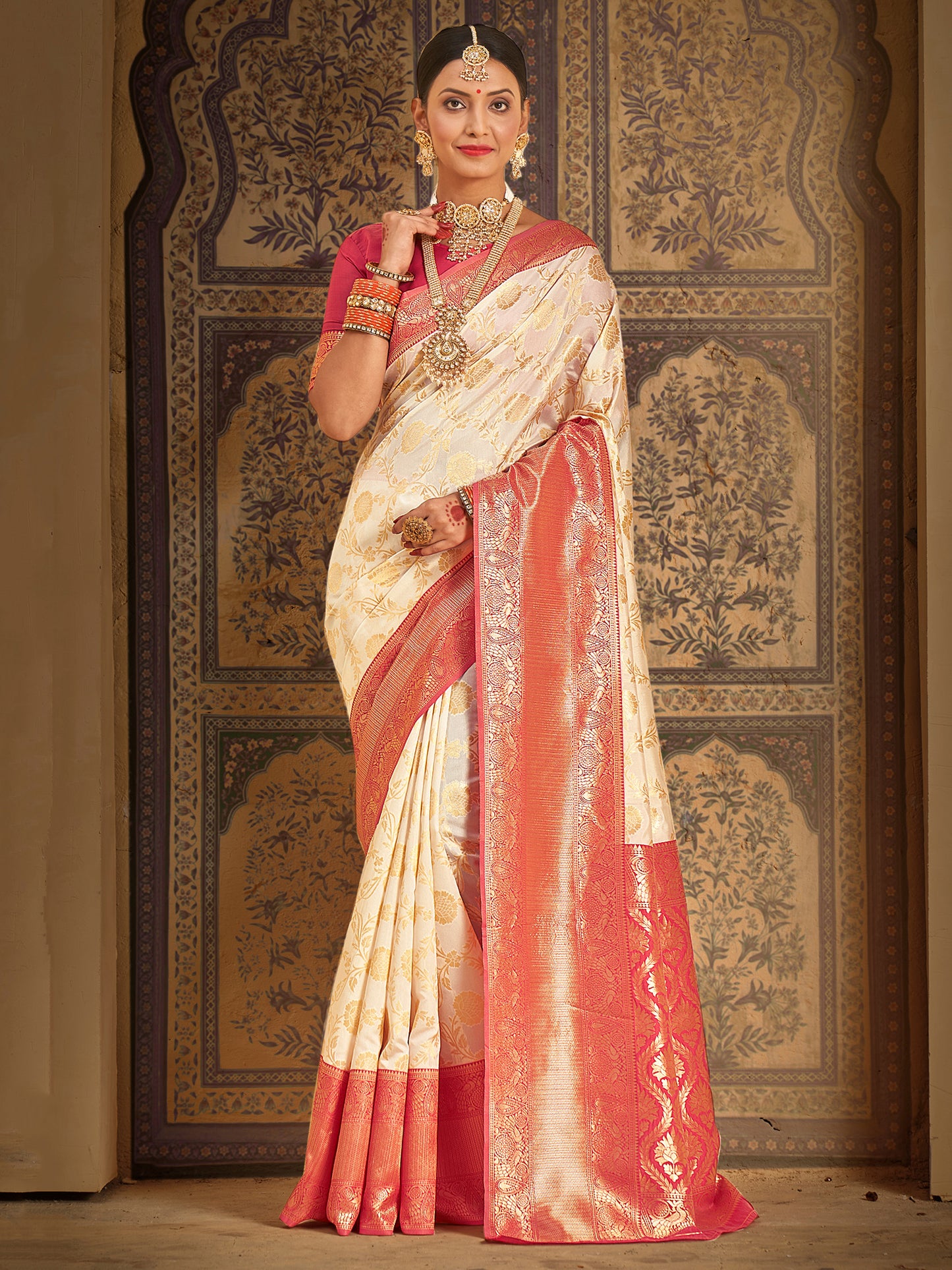 Women's Silk Blend Cream Woven Design Designer Saree With Blouse Piece