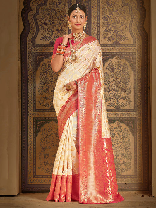 Women's Silk Blend Cream Woven Design Designer Saree With Blouse Piece