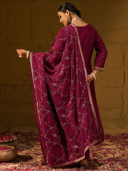 Dhiyona IE Maroon Floral Embroidered V-Neck Straight Kurta with Trousers & Dupatta
