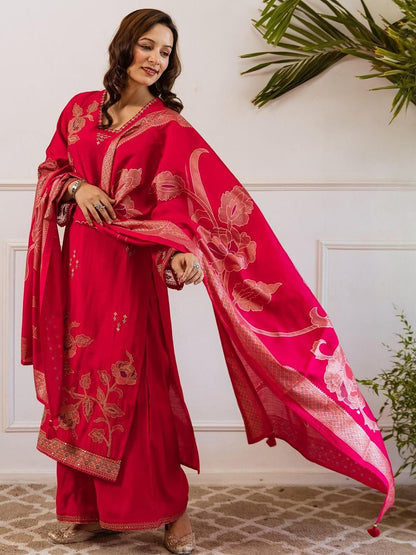 Dhiyona IE Women Floral Embroidered Kurta with Sharara & Dupatta