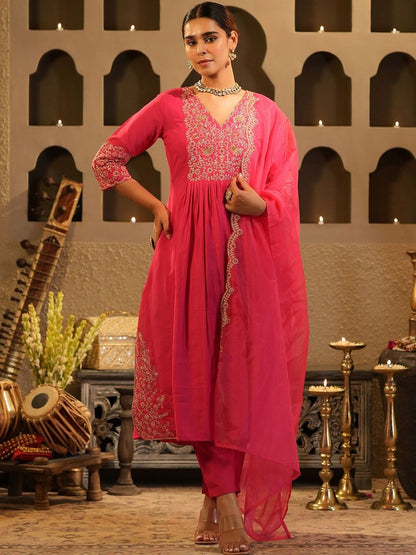 Women Embroidered Pleated Thread Work Kurta And Trousers With Dupatta
