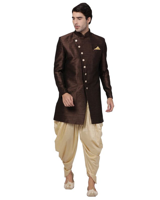 Men's Brown Silk Blend Straight Sherwani Set