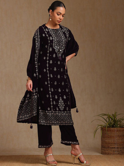 Dhiyona SO Women's Ethnic Motifs Printed Round Neck Straight Velvet Kurta With Trousers & Dupatta