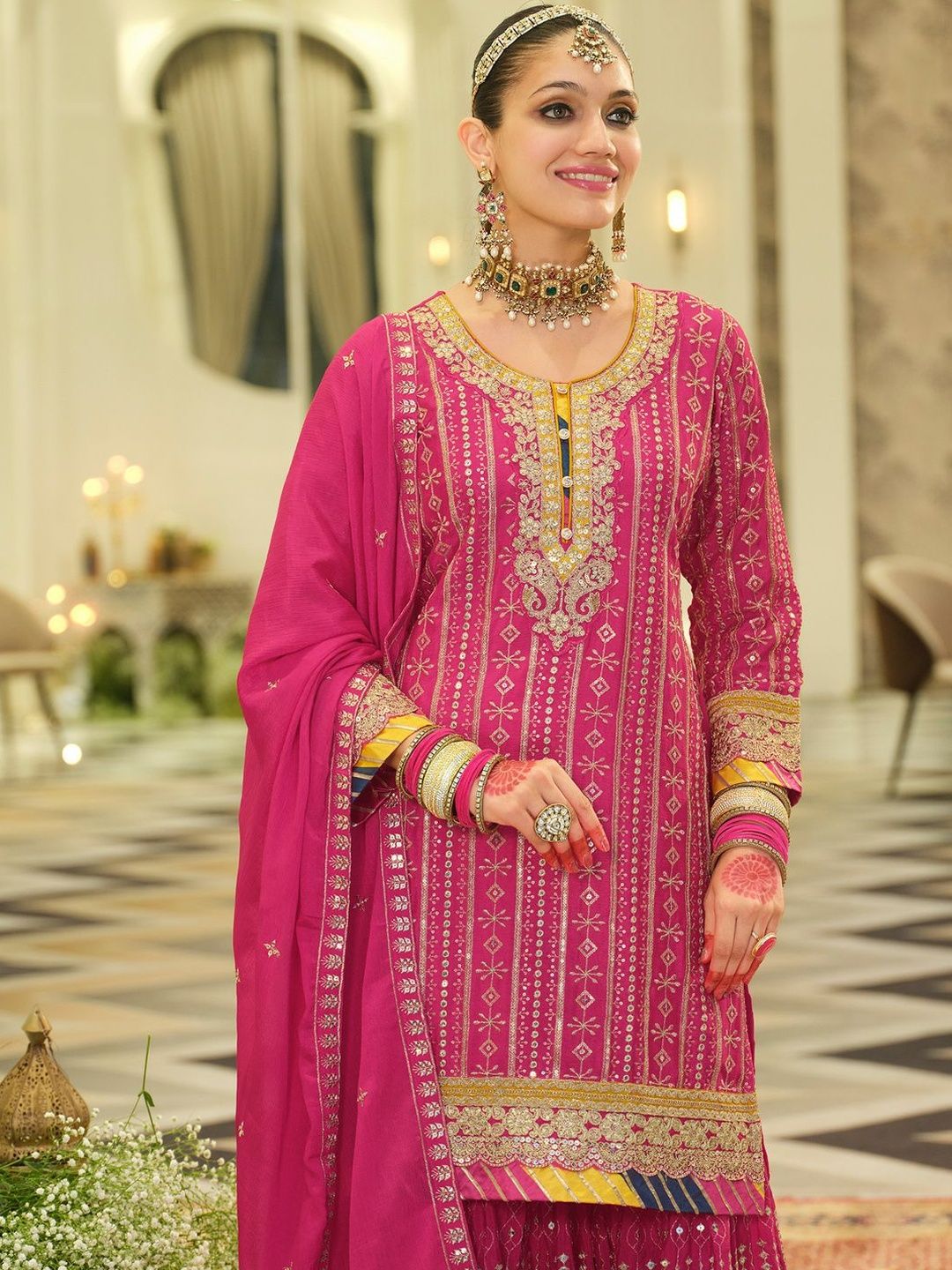 Dhiyona IE Women Ethnic Motifs Embroidered Regular Sequinned Kurta Set With Dupatta