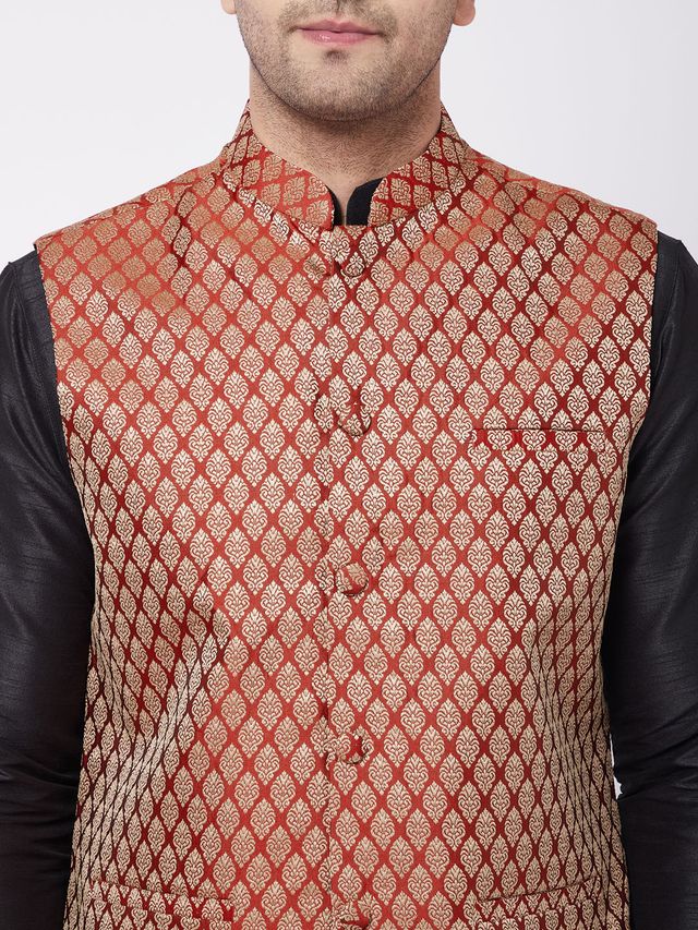 Men's Black Silk Blend Straight Jacket  Kurta and Dhoti Set