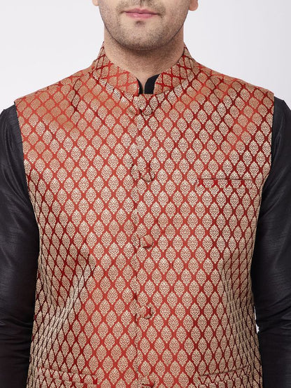 Men's Black Silk Blend Straight Jacket  Kurta and Dhoti Set